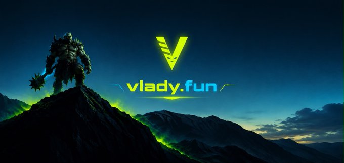 A warrior figure stands atop a mountain peak under a dark, dramatic sky, alongside the logo and text "vlady.fun" in glowing green. The image's mythological guardian evokes the post's theme of vigilance, suggesting that while crypto protocols like Vlad.fun have been hardened against technical failures, human and organizational elements still require protection that no smart contract alone can provide.