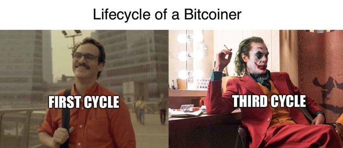 A 'Lifecycle of a Bitcoiner' meme showing a normal-looking man labeled 'FIRST CYCLE' contrasted with the Joker character labeled 'THIRD CYCLE'.