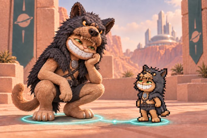 A 3D rendering displays a smiling creature wearing a wolf pelt next to its corresponding 2D pixel art sprite in a desert landscape.