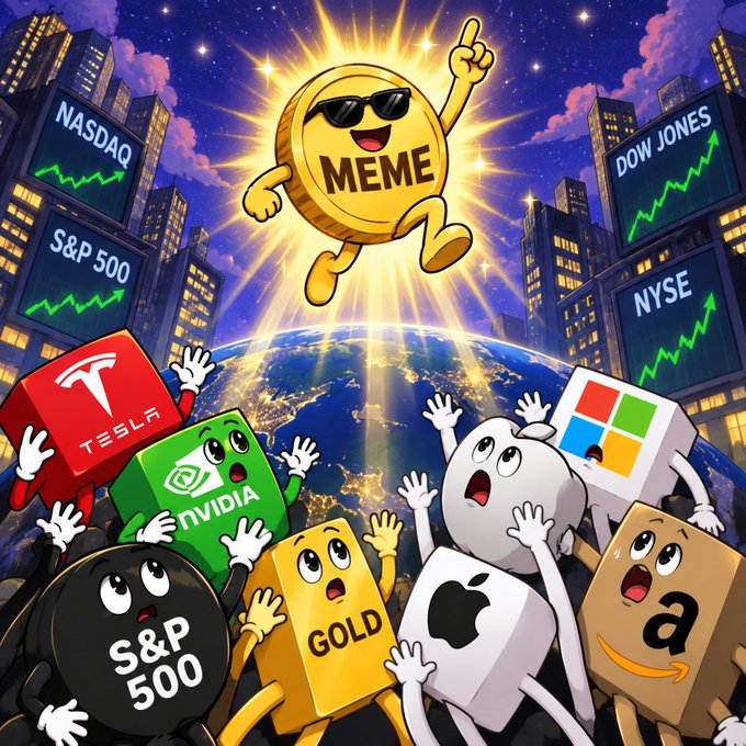 A cartoon illustration featuring a 'MEME' gold coin character surrounded by cheerful anthropomorphic mascots representing Tesla, NVIDIA, S&P 500, Gold, Apple, Microsoft, Amazon, and stock exchanges like NASDAQ, S&P 500, DOW JONES, and NYSE.
