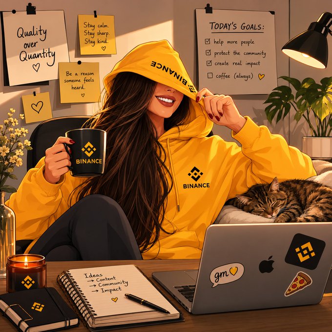 An illustrated woman wearing a yellow Binance hoodie drinks from a branded mug while sitting at a desk with a laptop, a notebook, and a sleeping cat; sticky notes read 'Quality over Quantity', 'Stay calm. Stay sharp. Stay kind.', 'Be a reason someone feels heard', and 'Today's Goals: help more people, protect the community, create real impact, coffee (always)'.