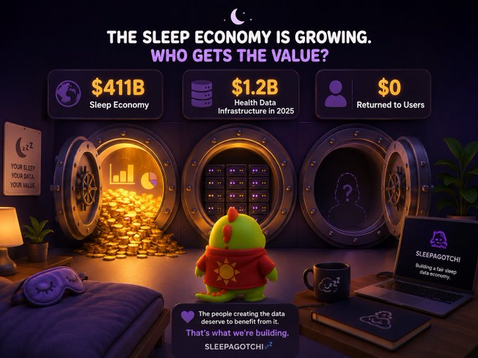 Sleepagotchi promotional image highlighting sleep economy statistics ($411B economy, $1.2B infrastructure, $0 returned to users) with a dinosaur mascot and gold coins in a vault.