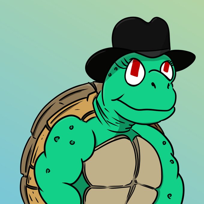 A cartoon illustration features a muscular green turtle character with red eyes wearing a black cowboy hat, set against a green gradient background.