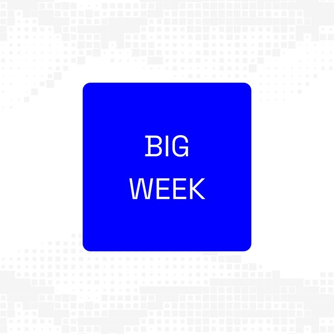 A bright blue square displays the text "BIG WEEK" in white, centering attention on a phrase that the accompanying post jokes has lost credibility due to repeated, unfulfilled Base community hype about upcoming token news.