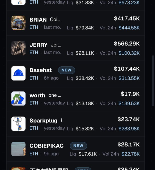 A dark-themed cryptocurrency leaderboard displays top ETH traders including BRIAN ($417.45K), JERRY ($566.29K), Basehat, worth, Sparkplug, and COBIEPIKAC, showing their 24h volume and liquidation values.