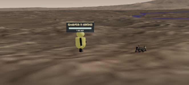 A 3D rendering of a yellow object labeled 'Grok#59-Y-69f343' with '7.66 km' below it, floating over a barren, Mars-like landscape.