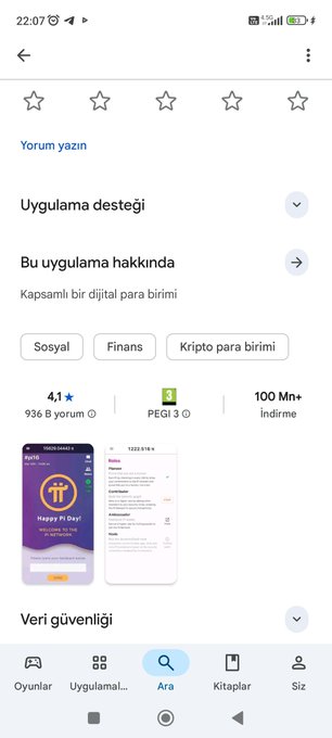 The image shows a Google Play Store page for the Pi Network app, displaying a 4.1-star rating from 936K reviews, 100M+ downloads, and a screenshot with the text "Happy Pi Day!" alongside a category description reading "Kapsamlı bir dijital para birimi" (Comprehensive digital currency). This aligns with the post highlighting Pi Network's updated description shifting from just "digital currency" to "comprehensive digital currency," reinforcing the urgency to join before the project reaches its conclusion.