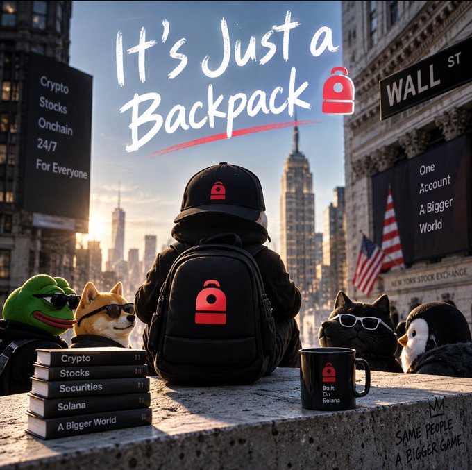 A promotional image with the title "It's Just a Backpack" featuring a person wearing a black backpack with a red backpack logo, surrounded by Pepep and Wojak-style meme characters in a Wall Street setting, advertising crypto, stocks, and Solana.
