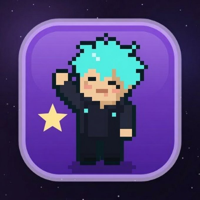 A pixel art app icon featuring a character with bright teal hair and a black outfit waving, set against a purple background with a yellow star.