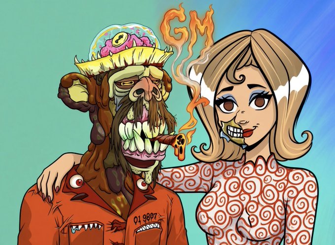 A cartoon illustration features a grinning, zombie-like man with exposed brain eating a slice of pizza next to a smiling woman with large eyes and brown hair in pigtails wearing an orange patterned top, with the word 'GM' burning in the background.