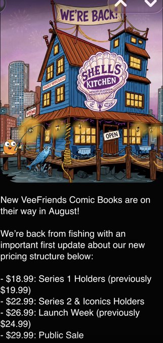 A colorful cartoon illustration of "Shells Kitchen" restaurant with a "We're Back!" banner announces new VeeFriends comic book pricing tiers in August, showing reduced costs from $19.99 down to $18.99 for Series 1 holders and adjusted rates up to $29.99 for public sale, aligning with the post's announcement of returning comics and new pricing from @veefriends and @garyvee.