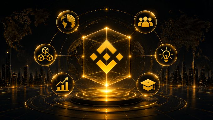 A glowing golden Binance logo sits at the center of a hexagonal network diagram, surrounded by icons representing global reach, community, innovation, education, growth, and blockchain structure, set against a dark cityscape backdrop. The image visually reinforces Binance Blockchain Week's focus on the interconnected ideas, developments, and ecosystem shaping the future of crypto.