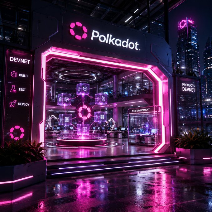 A futuristic, neon-lit exhibition booth branded with 'Polkadot' featuring pink and purple lighting, with side panels listing 'DEVNET', 'BUILD', 'TEST', and 'DEPLOY' steps in front of a nighttime city skyline.