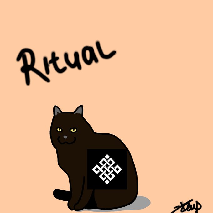 An illustration on a peach-colored background showing a black cat sitting beneath the word 'Ritual' written in handwritten black text, with a black square logo containing a white geometric pattern overlaid on the cat.