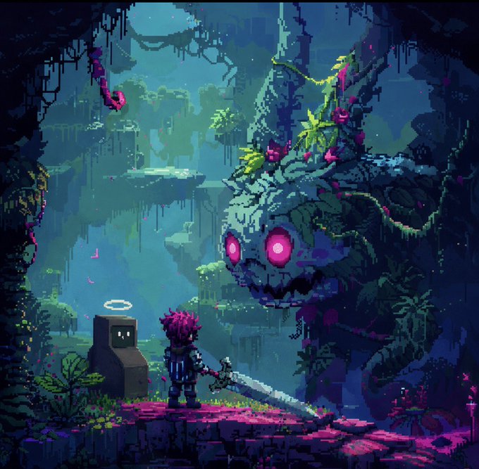 A pixel art illustration depicts a small character with pink hair and a sword facing a large, menacing creature with glowing pink eyes in a lush, mystical forest.