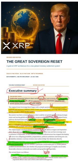 This image shows a heavily annotated document titled "THE GREAT SOVEREIGN RESET - A gold oil XRP architecture for a new global monetary settlement reset," dated 2024 EDITION. The top features a graphic of Donald Trump alongside the XRP logo with stacks of gold coins and a globe, while the visible text below discusses an "Executive summary" with red hand-drawn highlights and underlines emphasizing passages about gold replacing the US dollar, oil's role in the real economy, and XRP functioning as a bridge currency for cross-border settlements.