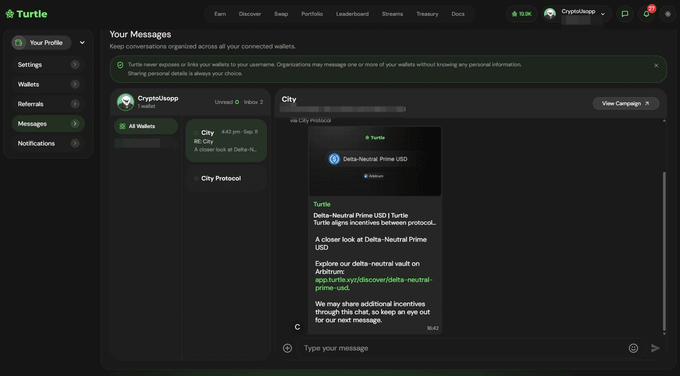 A Turtle app messaging interface shows a DM from City Protocol (via City Protocol) announcing a Delta-Neutral Prime USD vault on Arbitrum, along with the user's sidebar menu and a message thread timestamped 4:43 pm on Sep 9.