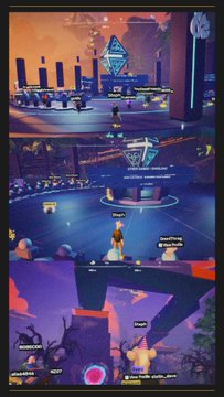 A split-screen view of gameplay from what appears to be a multiplayer video game, showing three different scenes including a stage with a 'World Championship' sign and characters with names like 'chiquita' and 'ahyeon'.