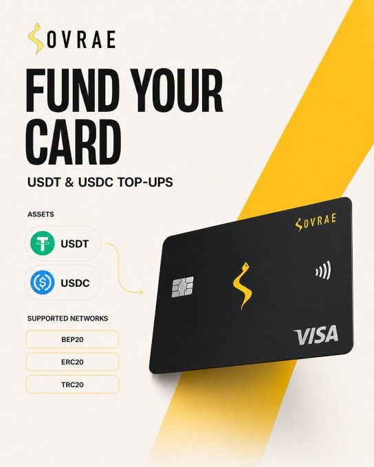A promotional graphic for Sovrae's 'FUND YOUR CARD' service, showing a black Visa card and listing supported assets USDT and USDC on BEP20, ERC20, and TRC20 networks.