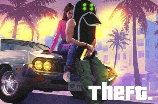 A retro 1980s/90s-style synthwave artwork showing a woman in a pink top and jeans leaning against a classic muscle car at sunset, with a large black cartoon character (resembling G-Man) and the word 'Theft.' in white text.