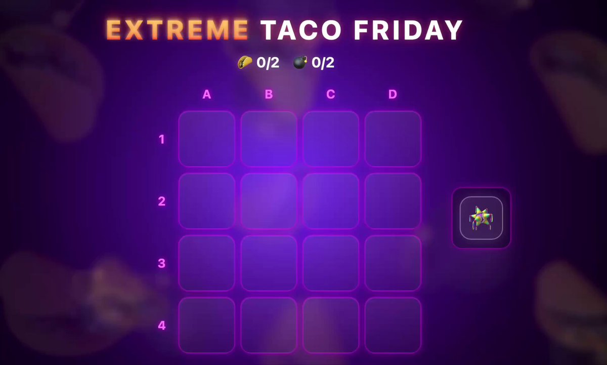 The image features a purple background with white text that reads "Extreme Taco Friday". Below this, there are numbers arranged in rows of four squares, indicating the days of the week for which tacos will be available at a restaurant. The text also mentions that the restaurant is open on Friday and Saturday from 9 am to 5 pm.
