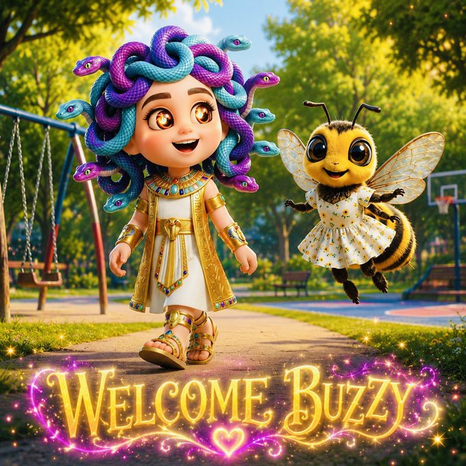 The image shows a vibrant, stylized illustration featuring a chibi-style Medusa character with snake-hair and golden attire, accompanied by a cute anthropomorphic bee wearing a floral dress, both standing in a sunny park setting. Glowing golden and pink text at the bottom reads "WELCOME BUZZY," tying directly into the post's announcement of Buzzy as the newest LIMIPET character joining the Liminals collection.