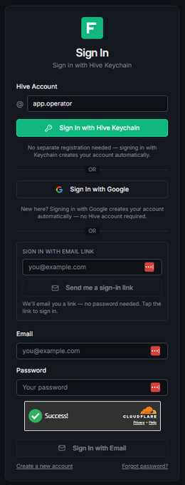 A sign-in page for Hive Keychain with the account 'app.operator' pre-filled. It offers options to sign in with Hive Keychain, Google, an email link, or email/password, with a 'Success!' message displayed at the bottom.
