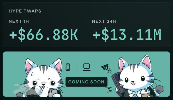 The image is a graphic showcasing "$HYPE TWAPS" with metrics of "+$66.88K" for "NEXT 1H" and "+$13.11M" for "NEXT 24H", accompanied by cartoon cat illustrations and a "COMING SOON" banner.

This visual supports the post's claim about $HYPE's bullish momentum by quantifying the significant spot TWAP buying activity, displaying the $11M+ in active orders referenced in the caption across the 1-hour and 24-hour timeframes.