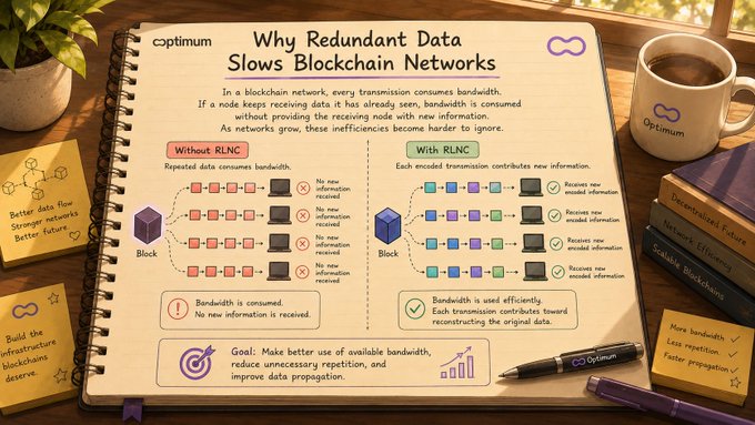 A hand-drawn style infographic titled 'Why Redundant Data Slows Blockchain Networks' by Optimum, comparing 'Without RLNC' (redundant bandwidth waste) versus 'With RLNC' (efficient data transmission), noting goals like better bandwidth use and faster propagation.