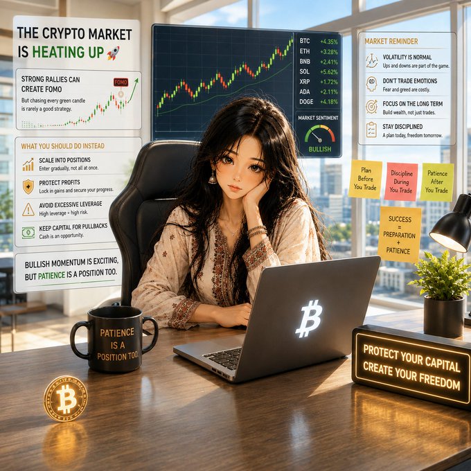 A stylized illustration of a young woman at a desk with a Bitcoin-themed laptop, surrounded by crypto market graphics showing BTC +4.35%, ETH +3.28%, BNB +2.41%, SOL +5.62%, XRP +1.72%, ADA +2.11%, and DOGE +4.18%, with motivational text like 'PATIENCE IS A POSITION TOO' and 'PROTECT YOUR CAPITAL, CREATE YOUR FREEDOM'.