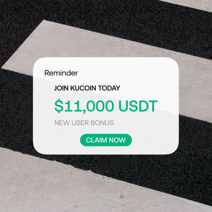 A notification card appears over a crosswalk image, displaying a "Reminder" for "KUCOIN TODAY" with a "$11,000 USDT NEW USER BONUS" and a "CLAIM NOW" button, visually reinforcing the post's call-to-action for new users to claim their crypto rewards on KuCoin.