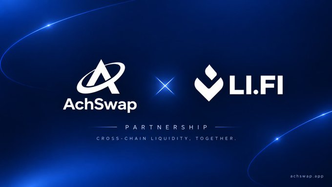 A promotional graphic announcing a partnership between 'AchSwap' and 'LI.FI' with the tagline 'PARTNERSHIP - CROSS-CHAIN LIQUIDITY, TOGETHER.' and the website 'achswap.app'.
