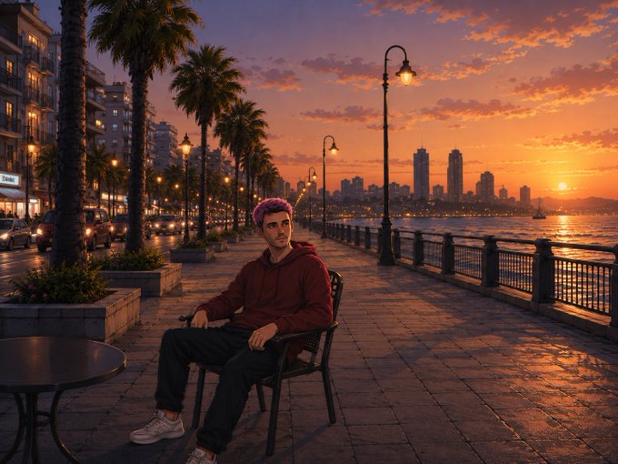 A young man with pink hair sits on a chair at a seaside promenade at sunset, with palm trees, street lamps, and a coastal city skyline in the background. The scenic waterfront setting complements the Sunday morning greeting and reminder to attend church, capturing a peaceful, reflective vibe fitting for the post's message.