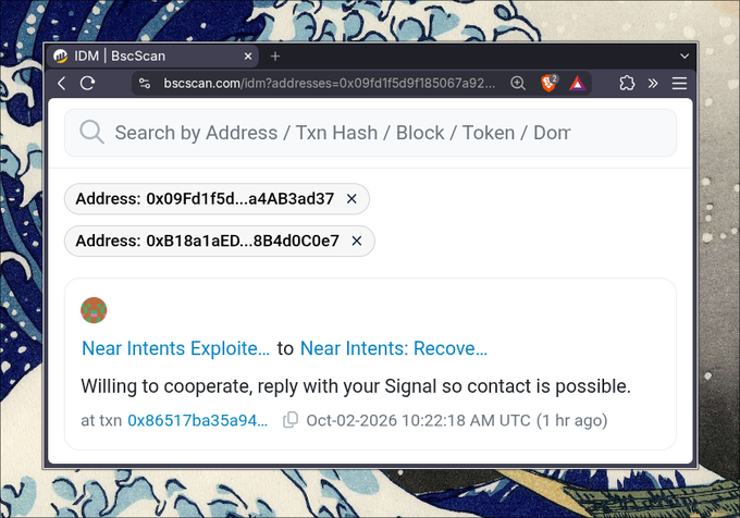 A BscScan webpage showing two addresses related to 'Near Intents Exploite... to Near Intents: Recove...', posted on Oct-02-2026 10:22:18 AM UTC.