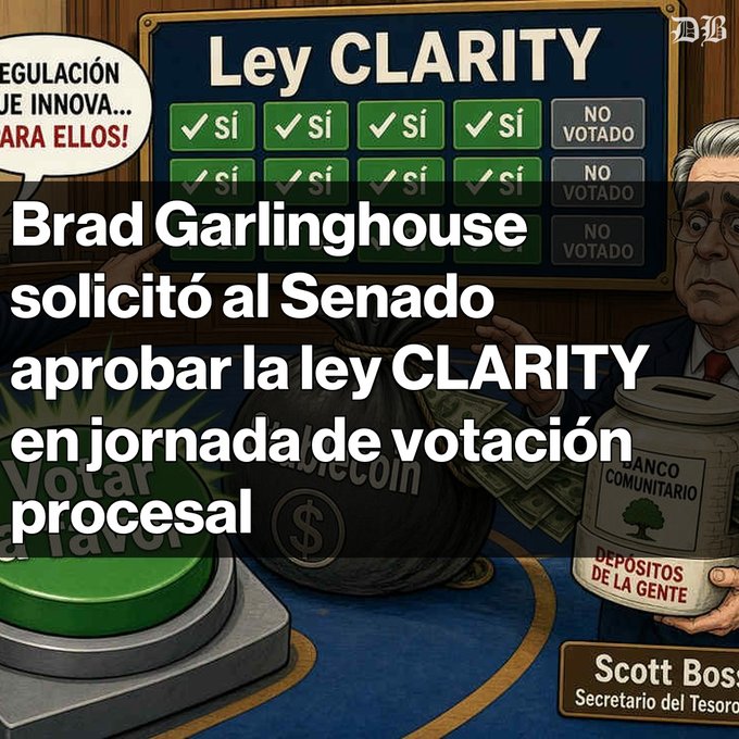A Spanish-language political cartoon about cryptocurrency regulation featuring a 'Ley CLARITY' voting board with 'Sí' and 'NO VOTADO' options, overlaid with text stating 'Brad Garlinghouse solicitó al Senado aprobar la ley CLARITY en jornada de votación procesal'.