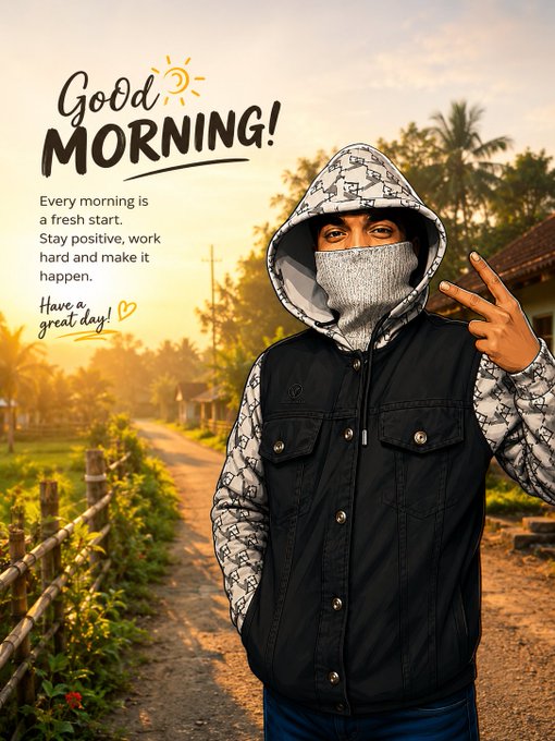 A 'Good MORNING!' greeting image featuring a person in a black and white patterned hoodie with face covering making a peace sign, alongside the message 'Every morning is a fresh start. Stay positive, work hard and make it happen. Have a great day!' set against a rural sunset background.
