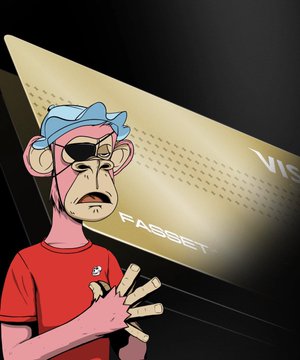 The image features a cartoon monkey wearing glasses and a red shirt standing next to a gold credit card, which has the word "fasset" written on it. The monkey appears to be holding up the credit card as if it were a sign or a symbol of some sort. The background is black, making the colors of the monkey's outfit stand out even more.
