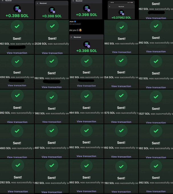 The image displays a collage of successful SOL transaction receipts, with most showing "0.398 SOL" received and others showing larger amounts like "1.992 SOL" and "4.464 SOL" successfully sent, accompanied by green checkmarks. This visual serves as "proof" of completed payouts to participants, supporting the legitimacy of the $500 SOL giveaway promotion that asks users to follow @TwinTulips, join their Telegram group, and engage with the tweet to enter.