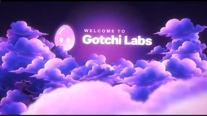 A purple cloud-filled dreamscape features a cute pink ghost character beside the text "WELCOME TO Gotchi Labs." The whimsical, atmospheric imagery reflects the engaging, gamified approach to sleep that transforms rest into an interactive habit-building experience.