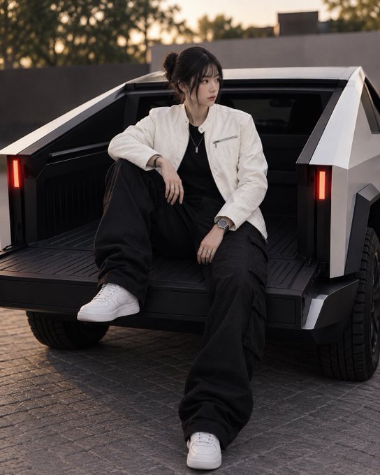A young woman with dark hair sits in the open tailgate of a silver Tesla Cybertruck, dressed in a white jacket, black top, black cargo pants, and white sneakers.