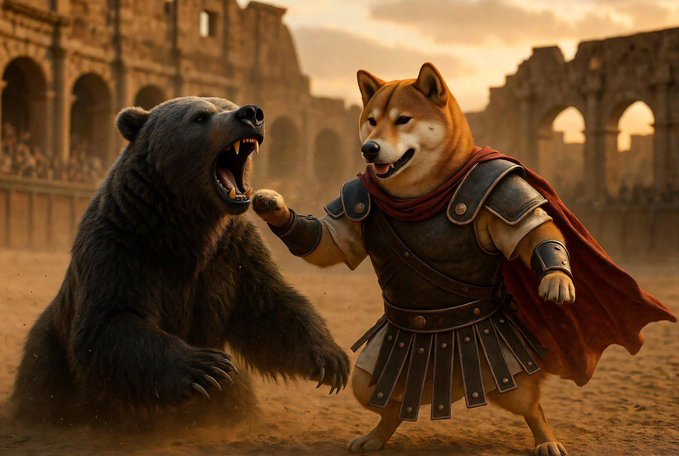 The image features a bear with its mouth open, appearing to be angry or aggressive towards another character who is dressed as a dog wearing Roman armor. The scene takes place in an arena setting, which adds to the intensity of the situation. The caption for this image reads "Dogeus Maximus rises and conquers! The power is within us - forward to triumph!"