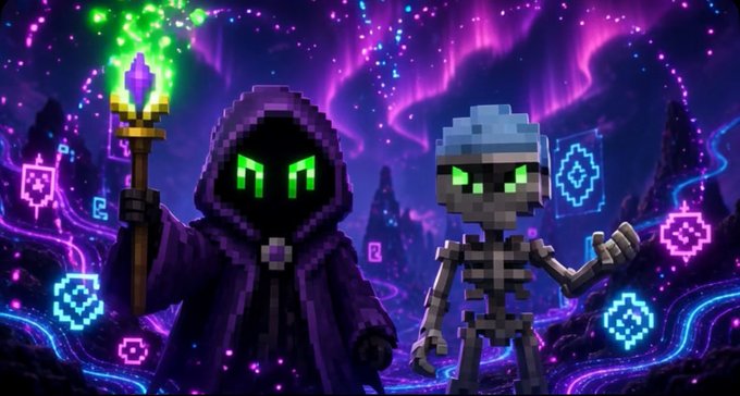 A pixel art illustration depicts a hooded figure with glowing green eyes holding a purple crystal staff alongside a skeleton character, set against a vibrant purple and blue magical background with glowing runes.