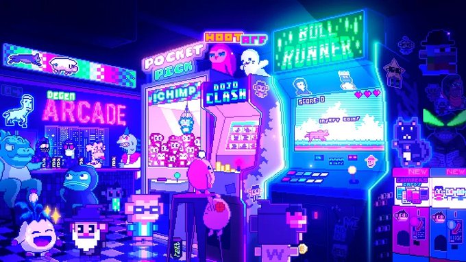 A vibrant, neon-colored pixel art illustration of a retro arcade filled with classic game cabinets, a checkered floor, and various 8-bit characters.