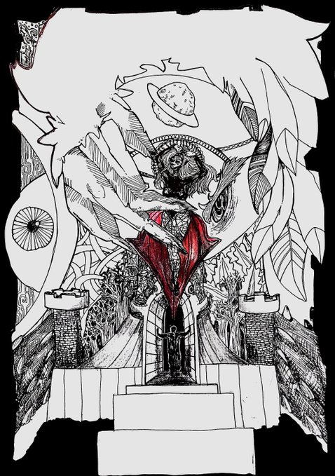 A detailed black and white ink illustration with red accents depicting a bearded figure with a crown and planet above his head, standing in an archway holding a red flag or cloth, surrounded by towers and stylized trees.