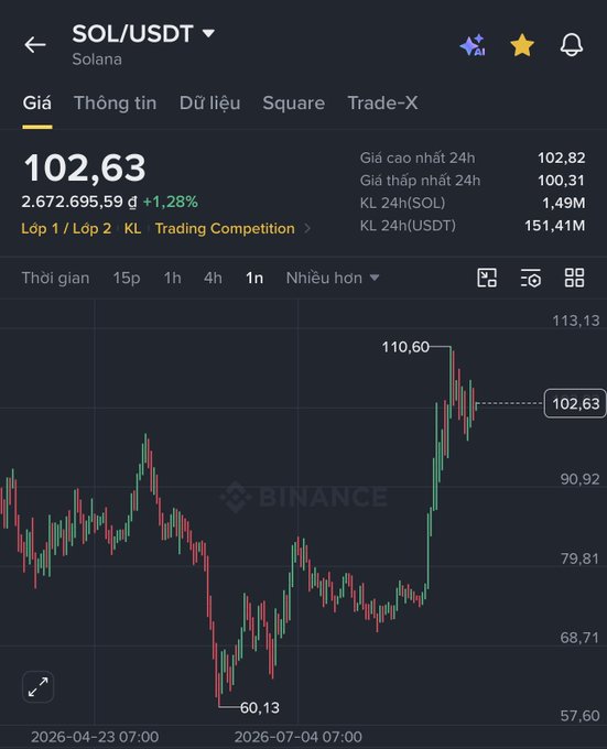 A Binance cryptocurrency chart for SOL/USDT showing a current price of 102.63 with a 1.28% gain, displayed on a 1-day timeframe.