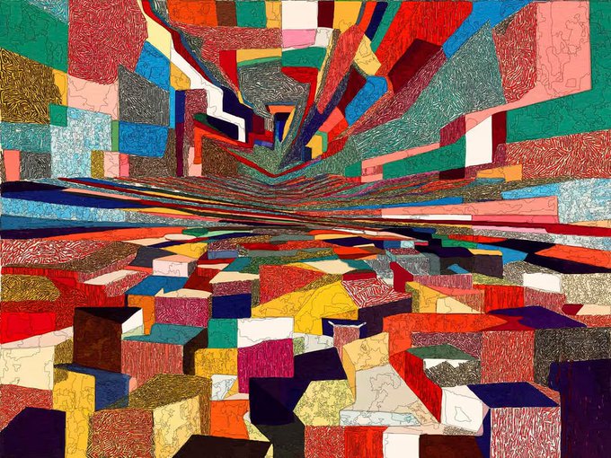 The image features a vibrant, abstract painting with a multitude of colors and shapes that create an interesting visual effect. The artwork appears to be a digital illustration or a piece of art created using various mediums such as pencils, markers, and paint. The artist has used different shades of red, blue, green, yellow, orange, pink, white, black, and gray to produce this colorful and dynamic composition. The painting is displayed on a canvas with a textured background that adds depth and dimension to the piece.