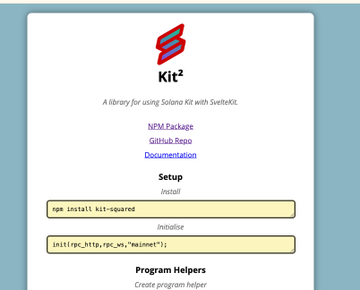 A screenshot of a webpage titled "Kit²" with the description "A library for using Solana Kit with SvelteKit," showing setup instructions including "npm install kit-squared" and "init(rpc_http_rpc_ws='mainnet')."