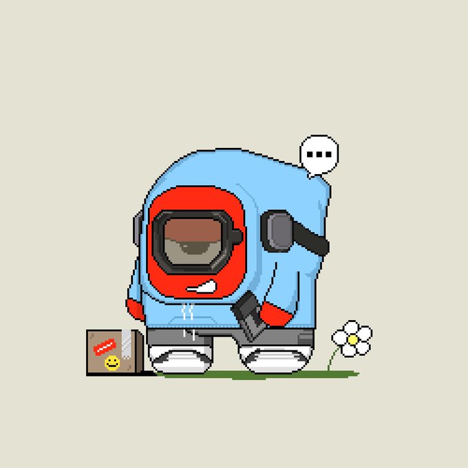 A pixel art Among Us character in a blue hoodie and red backpack holds a paintbrush, gazing at a small flower and a cardboard box with a smiley face. The speech bubble with "..." suggests hesitation or contemplation, fitting the post's tone of eagerly seeking whitelist spots.