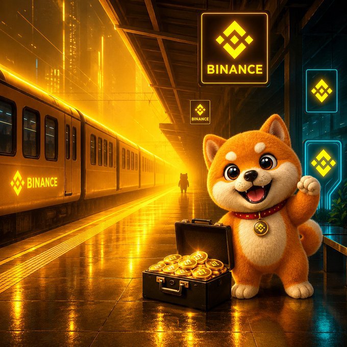 A digital illustration of an orange Shiba Inu dog wearing a collar with a Binance coin charm, standing next to a briefcase full of Binance-branded gold coins on a yellow-lit train platform with Binance logos displayed.