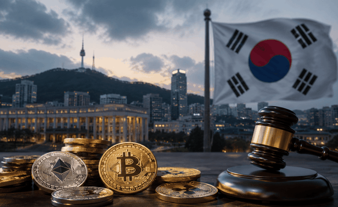 A collection of gold and silver coins including Bitcoin and Ethereum, placed next to a wooden gavel with the South Korean flag waving in the background over a cityscape.